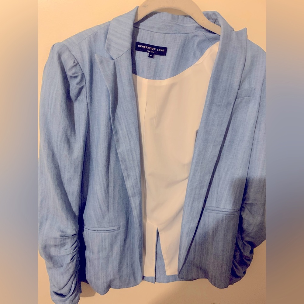 Generation Love ruched sleeve light blue blazer